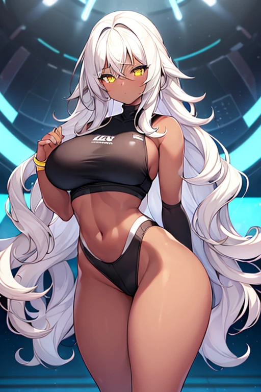 1girl, dark skin, dark-skinned female, yellow eyes, white hair, long hair, large breasts, wavy hair, thick thighs, sportswear, shy, sports bra, hourglass figure, neon, neon trim, mature female, skin tight, tight clothes, number, numbers, highleg