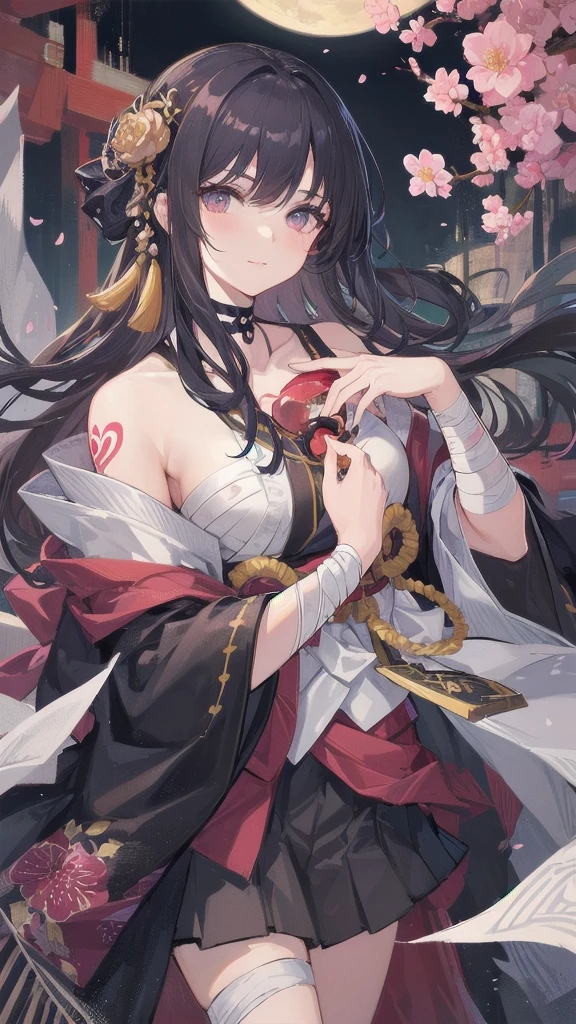 (((((roll up bandage sideways on a chest tightly to cover the chest without gaps))))), (((bandage samweways))),, ((Japanese Gangster BOSS)), adult woman with the dignified presence, Killing Qi, wear nothing around shoulder, wear nothing around neck, wear the kimono, wear it below the waist, (I wind it up to control it, and to attach it), ((kimono come off)) ,wear the kimono multiple times, Bare shoulders and the clavicle, black and gold kimono, put on over jacket of kimono, (holding a japanese sword which shine in purple, The handle of the sword is black, and the blade is gray, long sword), eye fire, low angle, whole body, anime character, Glaring, off sholder, nappropriate smile, Excellent, black blue hair, can see both shoulder, ((long kimono hem)), small face, ((some cherry blossam big tattoo on the arm)), ((background Japanese gate with circlr mark)),muscular,drink sake,fullmoon in the sky, The kimono is spreading,(((ultra-detailed))),super beautiful,Masterpiece,Killing Qi,Intimidation,zoom up, a person,Selfish person,in japanese veranda