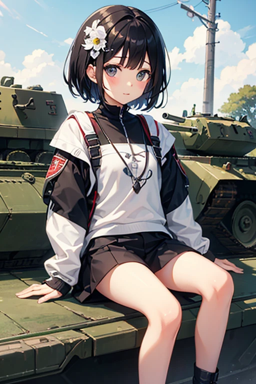 Highest quality、Black Hair、Iris、short hair、girl、cute、16 years old、、Small hair ornament、1 person、Ride an armored tank