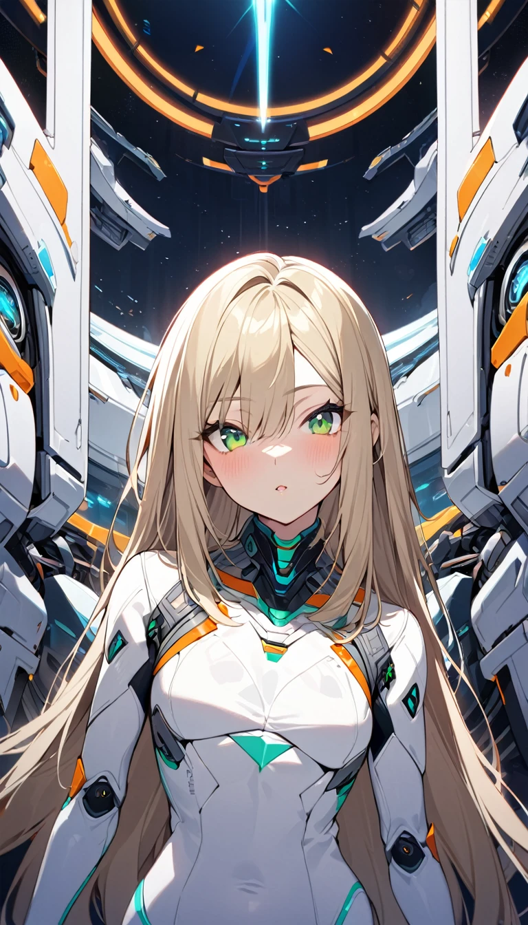 1girl,solo,Sala,original,straight blond hair,(long hair:0.3,medium hair:1),green eyes, white body suit,neck out,Futuristic Background,relief face,night time,Science fiction,ultra-detailed,sharp focus,(best quality)