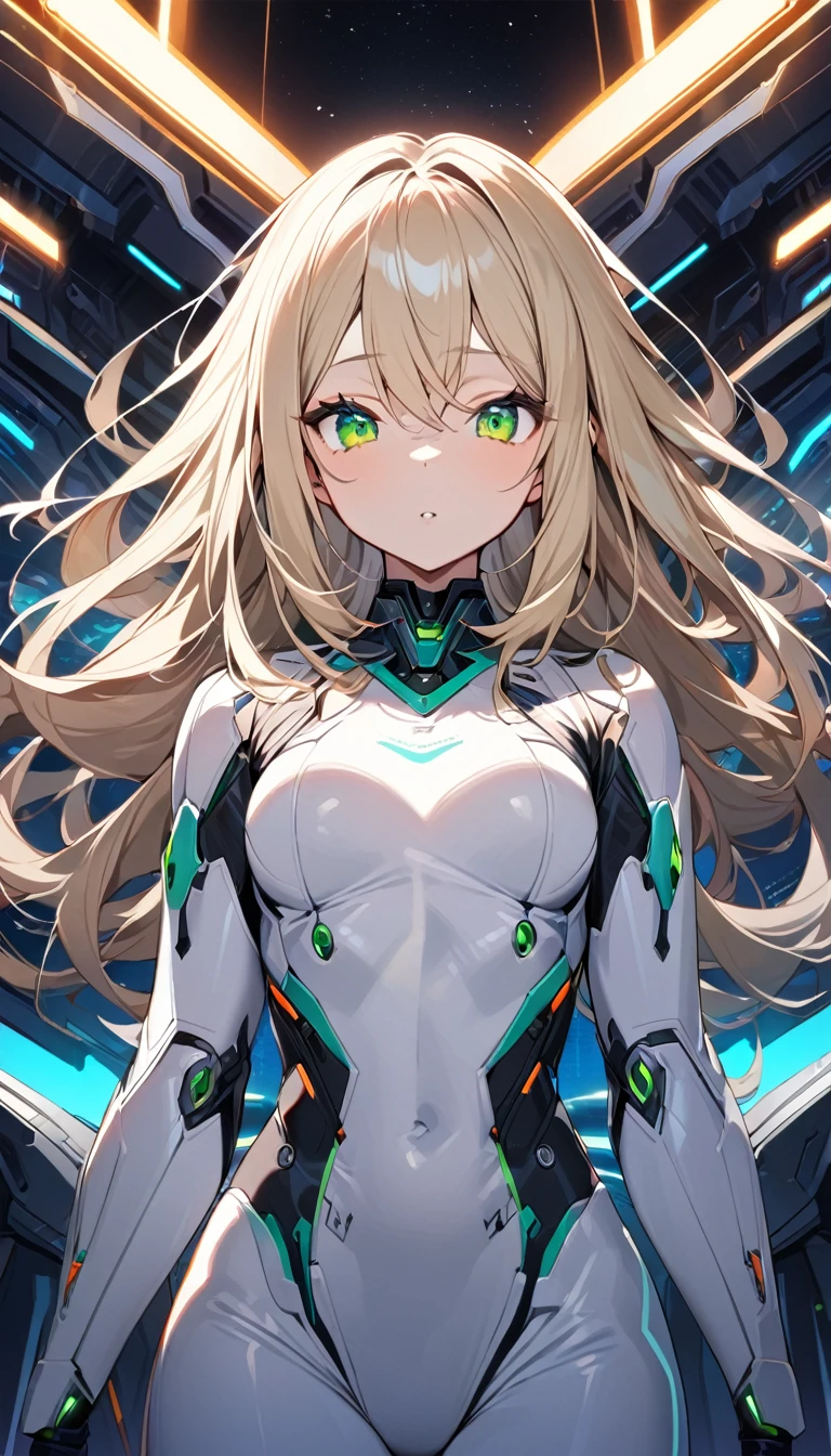 1girl,solo,Sala,original,straight blond hair,(long hair:0.3,medium hair:1),green eyes, white body suit,neck out,Futuristic Background,relief face,night time,Science fiction,ultra-detailed,sharp focus,(best quality)