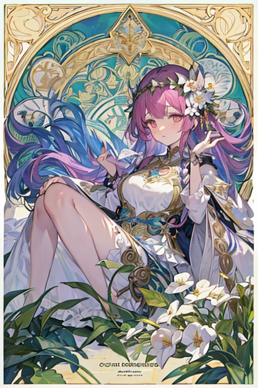Depicts a beautiful woman with flowers in her hair、Highly detailed watercolor painting, The style of Alfons Maria Mucha and Gustav Kirmut, Art Nouveau accents, Fairy Princess, Anthropomorphic woman, Female figure, Detailed cover artwork, As the Flower Goddess, Alphonse Mucha, Gustav Klimt, Pale skin, Marble sculpture, society, Gothic art, Art Nouveau, Behance Contest Winner