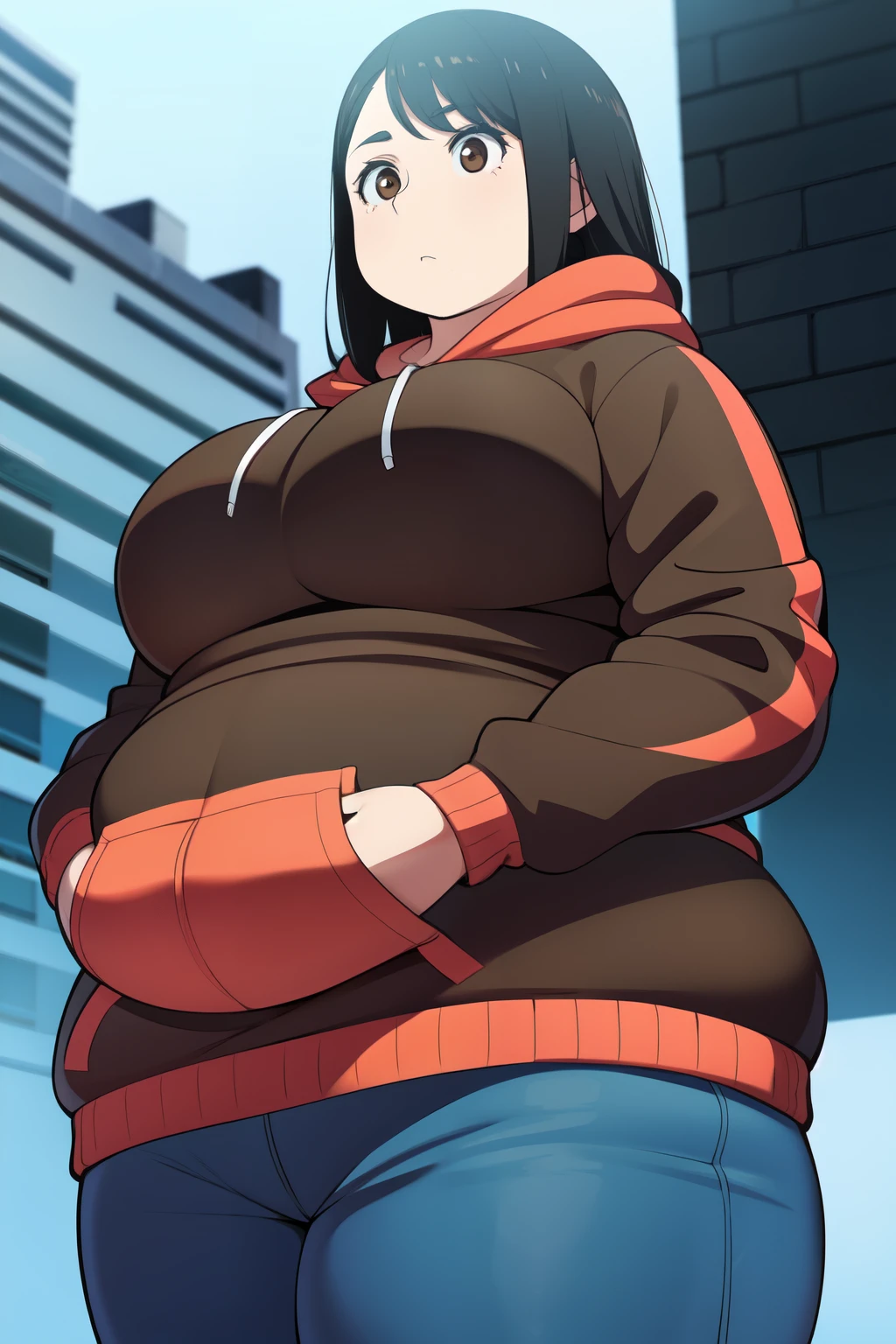 Plump year 21 big breasts black hair brown eyes chubby sad longer hair big breastview seen from below hoodie