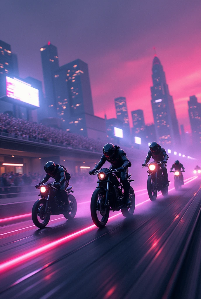 Group of futuristic high speed racing tron style bikes competing with machine guns, in a city with purple night skies on a track in the sky with stands full of people