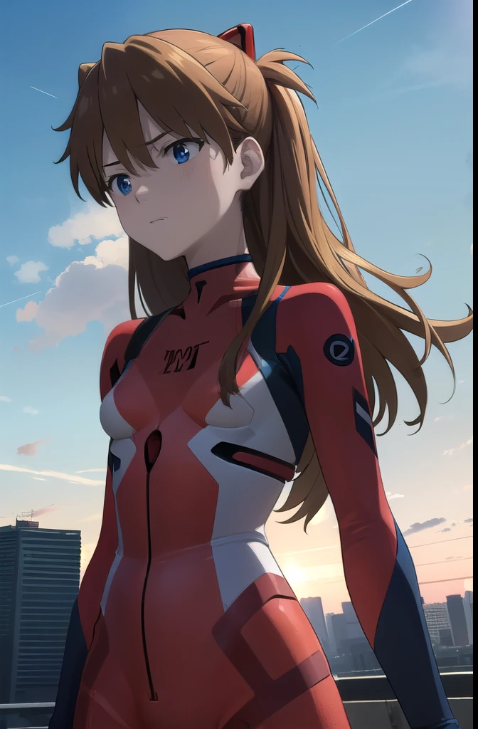 Sugar Angle, Soryu Asuka Langley, (Soryu Asuka Langley:1.2), Long Hair, bangs, blue eyes, Brown Hair, hair ornaments,
break bodysuit, Pilot Suit, Plug Suit, (Red bodysuit:1.5), Interface Headset,
break outdoors, city, null, cloud, sun,
break looking at viewer, (Cowboy Shot:1.5),
break (masterpiece:1.2), Highest quality, High resolution, unity 8k wallpaper, (figure:0.8), (Beautiful attention to detail:1.6), Highly detailed face, Perfect lighting, Highly detailed CG, (Perfect hands, Perfect Anatomy),