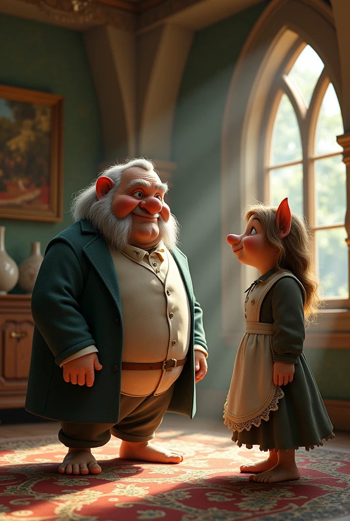 Barefoot fifty-something hobbit with hairy feet in butler's clothes talking to a barefoot hairy hobbit woman in maid's clothes in a high-ceilinged Rivendell-style room.