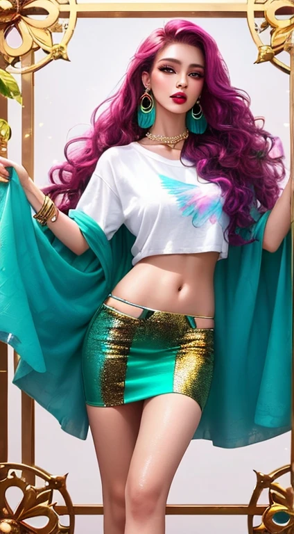 full body  of a beautiful ethereal woman, her very long magenta hair cascading down in soft waves, framing a face of extreme detail and elegance. Her eyes, big and colorful, boast three gradient teal shades of eyeshadow and eyeliner, accentuating her double eyelids and long lashes. Rosy cheeks adding a touch of warmth to her ethereal beauty, and her skins glossy texture shines in the cinematic light, highlighting each and every realistic pore and Wrinkle. Full lips adorned with golden glitter on her lipstick, complementing the magenta and teal jewels she wears around her neck and wearing ((Bold printed mini skirt with a ruffled hem, worn with a simple white t-shirt, slide sandals, and a pair of statement earrings for a fun summer outing)