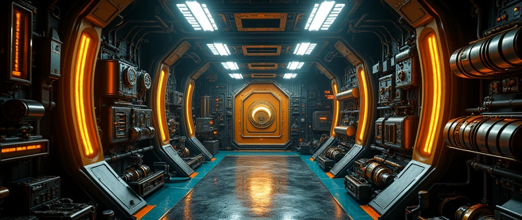 interior of futuristic ship engine room, Interstellar. 8k, alien, gold on the wall