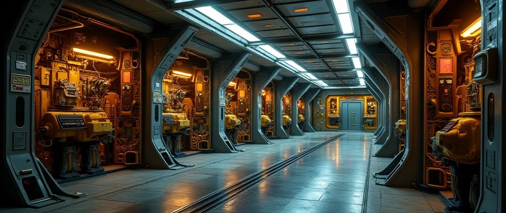 interior of futuristic ship engine room, Interstellar. 8k, alien, gold on the wall