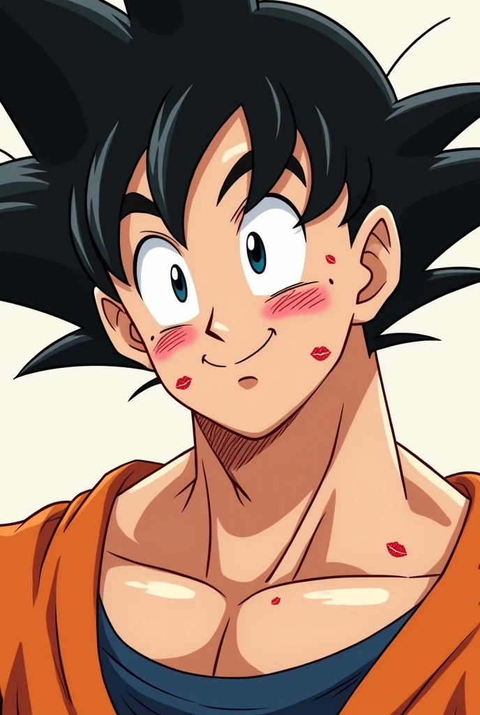Toriyama anime style,Adult Goku with his face up to his neck covered in various kiss marks with a loving expression with a blush on his cheeks and a slight smile, looking forward, view from her torso to her hair