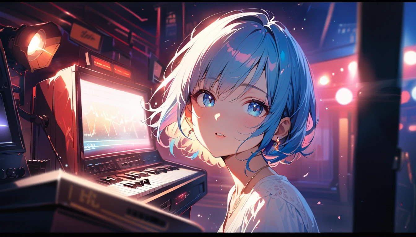 masterpiece, Highest quality, (((Playing the Electone)))、Raising awareness, Sax Blue, プラチナEarrings, Platinum Necklace, White Dress, One Girl, cute, (Dynamic Lighting:1.2), Cinema Lighting, Delicate facial features, Detailed eyes, Sharp pupils, Realistic student, Written boundary depth, ボケ Written boundary depth, Sharp focus, (Very detailed, bloom, Shine:1.4), Lots of little gems, (((short_hair))), Toru Asakura、黒hairs、Earrings、gradation hair、multi color hair、分けた前hair、blue hair、Upper Body、Ultra close-up footage、