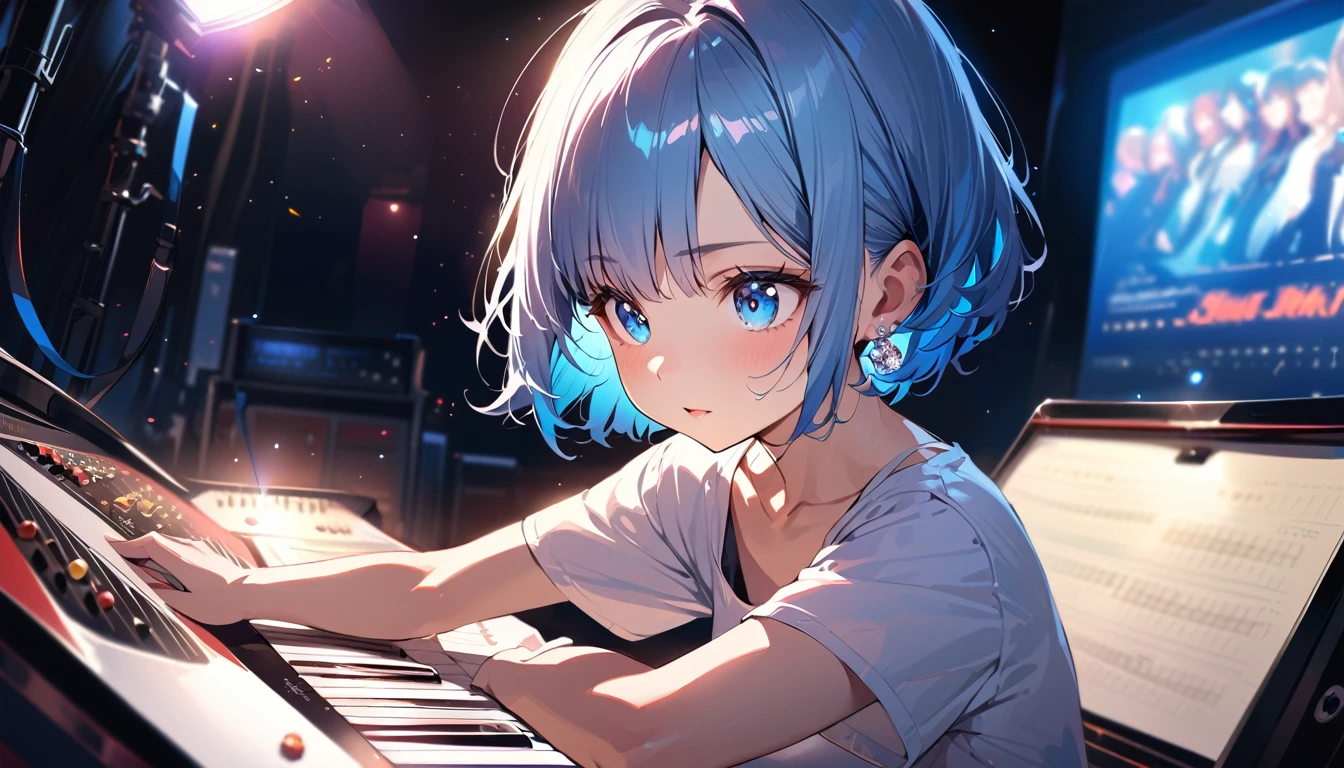 masterpiece, Highest quality, (((Playing the Electone)))、Raising awareness, Sax Blue, プラチナEarrings, Platinum Necklace, White Dress, One Girl, cute, (Dynamic Lighting:1.2), Cinema Lighting, Delicate facial features, Detailed eyes, Sharp pupils, Realistic student, Written boundary depth, ボケ Written boundary depth, Sharp focus, (Very detailed, bloom, Shine:1.4), Lots of little gems, (((short_hair))),　Toru Asakura、黒hairs、Earrings、gradation hair、multi color hair、分けた前hair、blue hair、Upper Body、Ultra close-up footage、