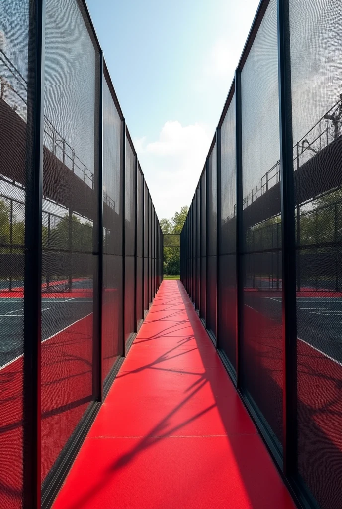 two open paddle courts, black floor and red walkways, one after the other, divided by glass walls and black metal mesh
