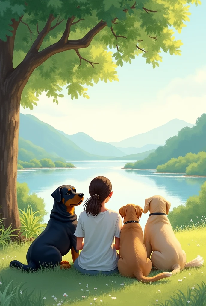 A woman and two chubby female Rottweiler dogs and a Labrador dog sitting with their backs to each other under a tree in the distance watching a watercolor landscape 