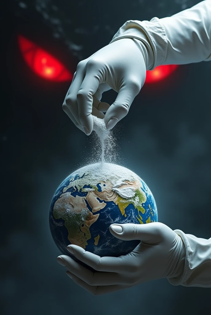 Un gant blanc masculin qui déverse du sel sur la planète terre, dans l'espace, il tient la Terre avec son autre main, deux yeux rouges menaçant dans le fond