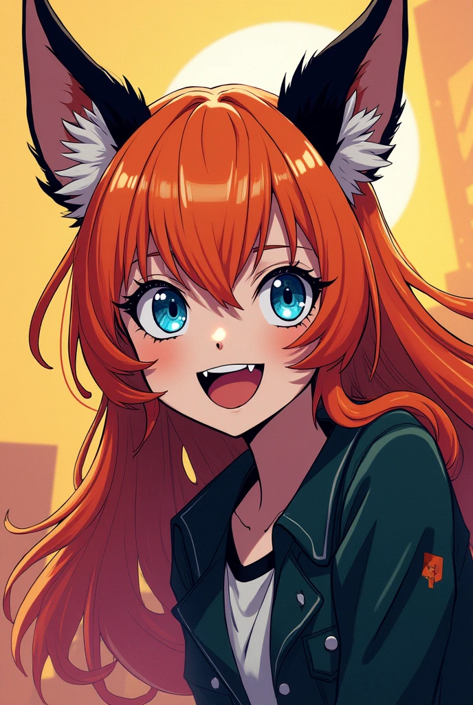 My hero Academia coloured manga panel style, young girl long orange hair blue eyes black wolf ears pale skin fangs sweet smile