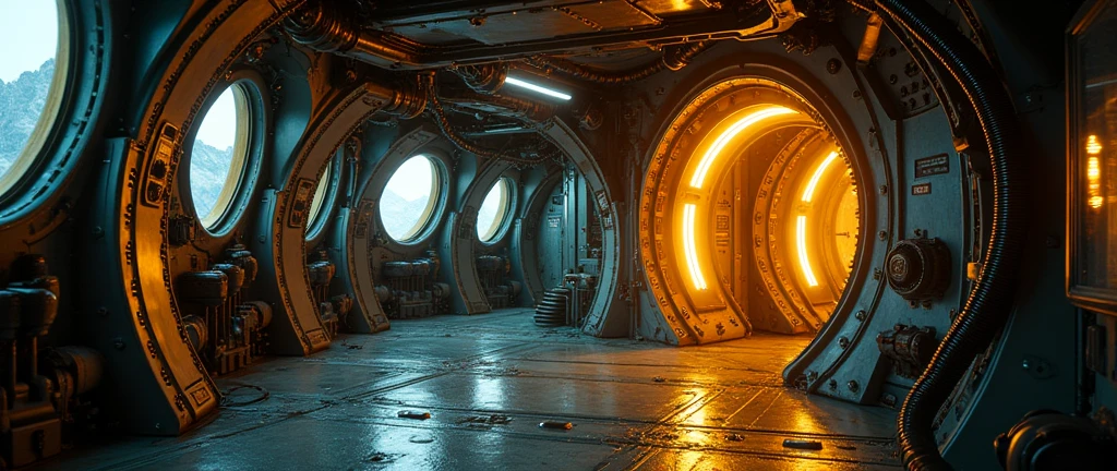 interior of futuristic ship engine room, Interstellar. 8k, alien, gold on the wall