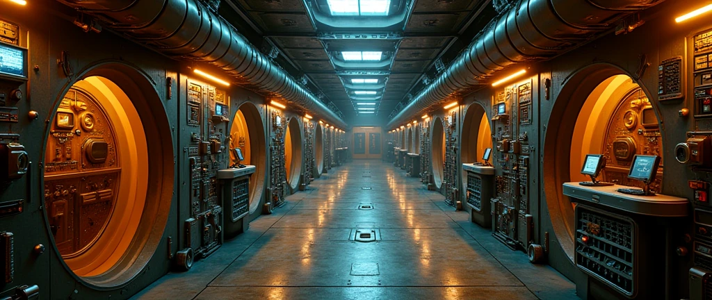 interior of futuristic ship engine room, Interstellar. 8k, alien, gold on the wall