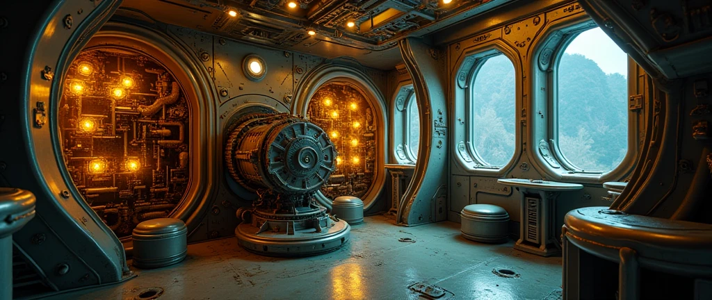 interior of futuristic ship engine room, Interstellar. 8k, alien, gold on the wall