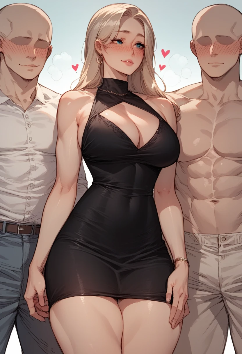 score_9, score_8_up, score_7_up, 1girl, source_anime, anime, cartoon, hearts, speedlines, dynamic,3 men around, flirting, muscular men,((woman sideways)), blushing woman,woman wearing black dress,faceless men,tall men,thick legs, big breasts