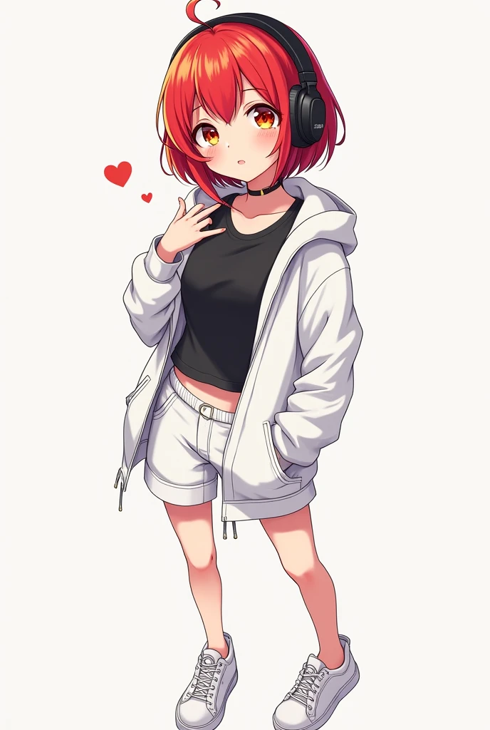 Female, Anime, Short red-haired, Orange eyes, Black headphones, Black undershirt, White hoodie, White shorts, White shoes