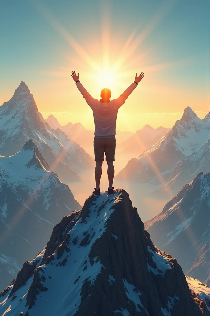 Picture an individual at the peak of a mountain, arms raised high in triumph. The sky is clear, and the sun is rising, casting a golden light over the entire scene. This moment symbolizes victory, fulfillment, and the realization of their divine purpose. The person stands tall, filled with a sense of accomplishment and spiritual enlightenment, ready to embrace the journey that lies ahead.