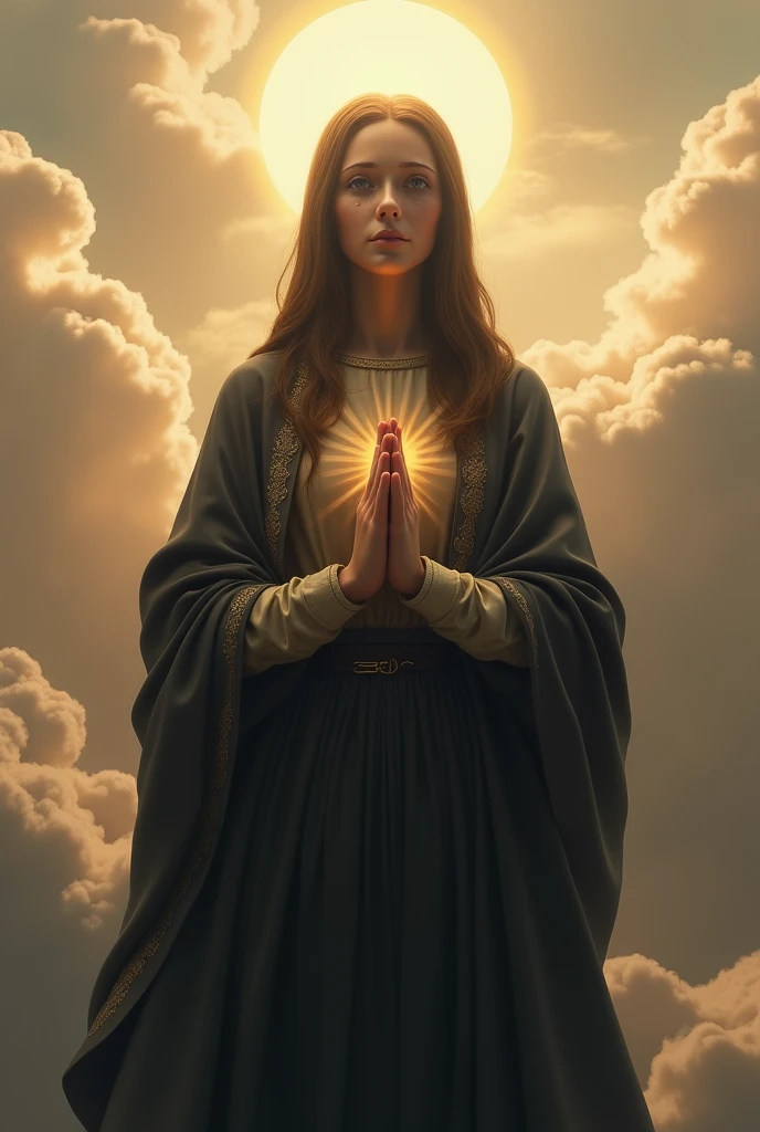 (photorealism:1.2), beautiful virgin Mary with tears in her eyes while praying in the clouds, wearing pitch queen clothes with light in his head and heart spreading all over in the clouds, perfect virgin Mary, real virgin Mary, perfect five hands, perfect tears face, elegant, soft lighting, many clouds, stand straight, realistic, intricate details, warm colors,