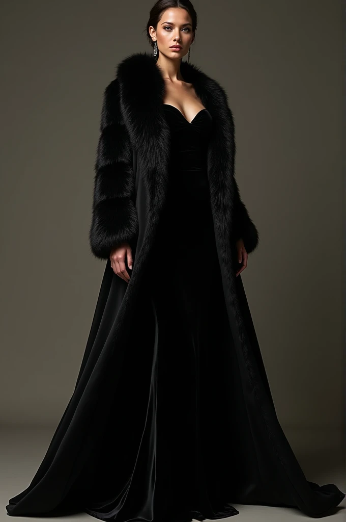 long, black velvet dress paired with a fur coat