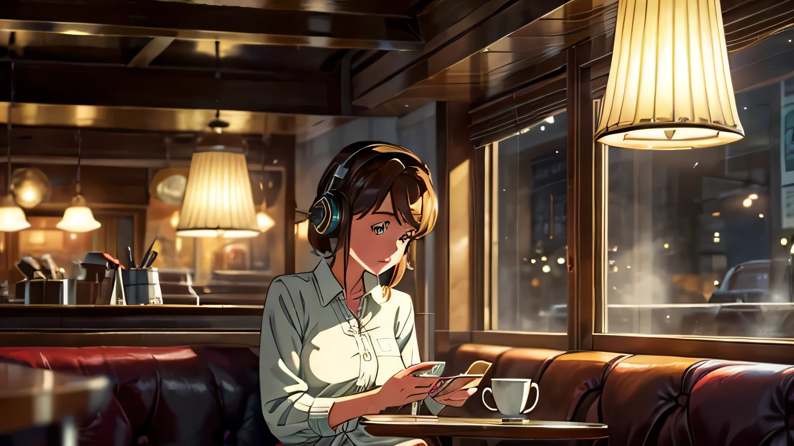 Sitting in a vintage cafe with retro decor, the girl wears large headphones and reads a hardcover book. A cup of coffee next to her lets out steam, and the light from an old lamp illuminates the page she is reading.