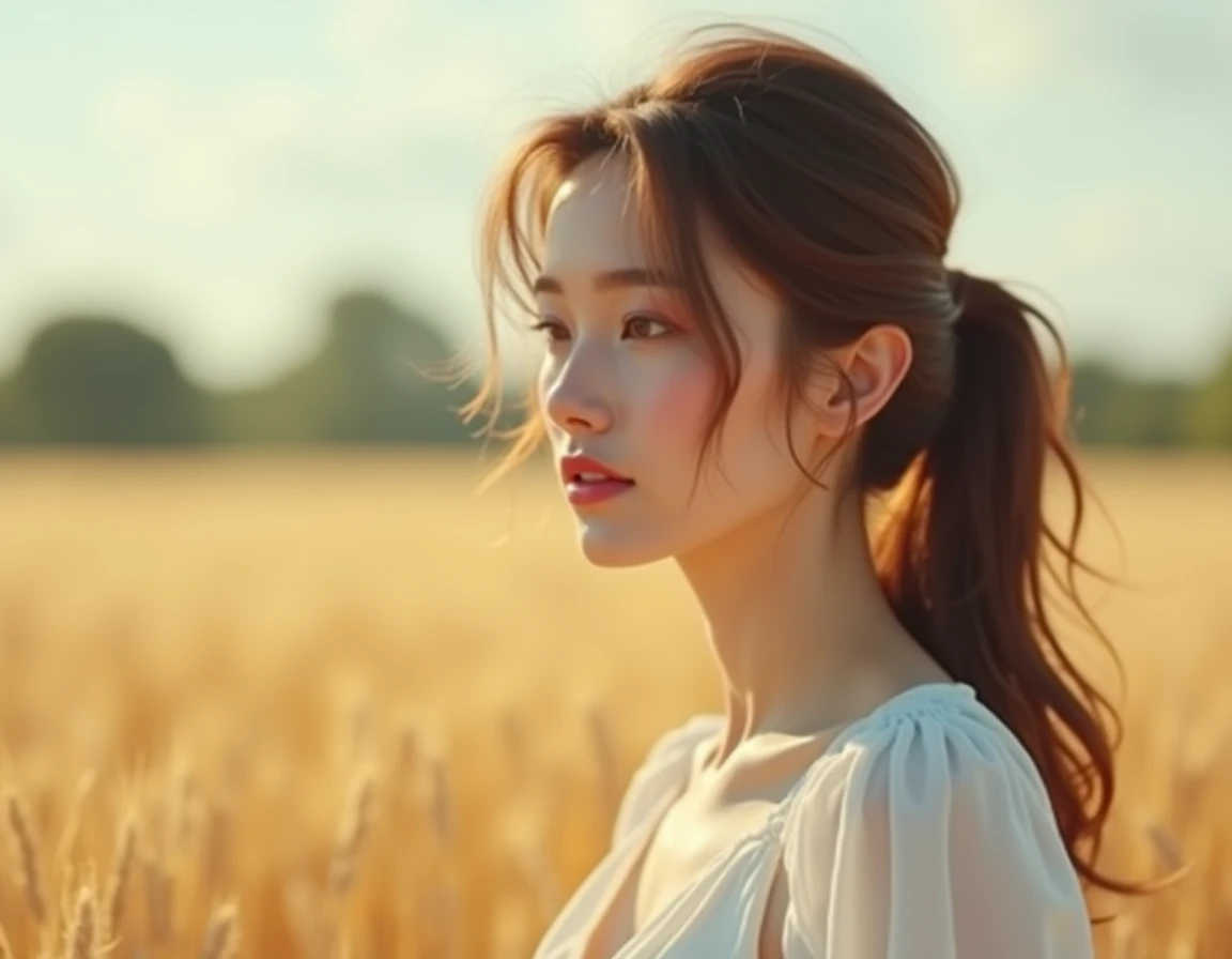 (masterpiece:1.4),, (:1.4),, Ultra-high resolution,, 8K, CG,, (Extremely refined:1.2),, , Upper body,, From the side,, Looking at the audience,, , 1 Girl,, Solitary,, Fashion Girl,, Mature girl,, , Lovely, Sweet,, , In the wheat field,, Blurred background,, , Brown long hair,, Ponytail,, , Brown eyes,, Shut up,, Red lips,, , Windblown face,, , White Dress,, Medium breasts,