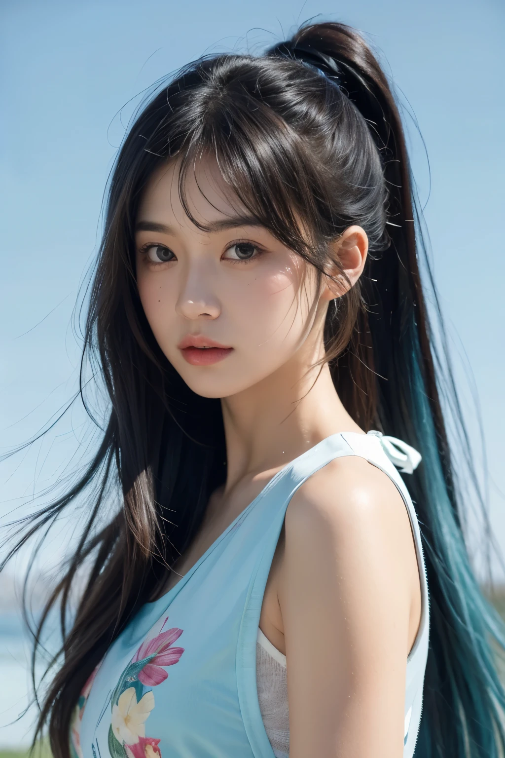 (masterpiece), (), (Extremely detailed),(Messy hair),(illustration), (1 girl), (Fashion), Eternal, fashion model, Looking at the audience, (interview), (Simple background),Beautiful and delicate eyes, Delicate and beautiful face, Floating,(High Saturation),(Colorful splash),Color bubbles,(shining), Focus on the face, Ponytail, Kamisato Ayaka, Light blue hair, Bangs, Hair band, Floating Flowers, Flowing hair, (shining), Optimal lighting, The best shadow,