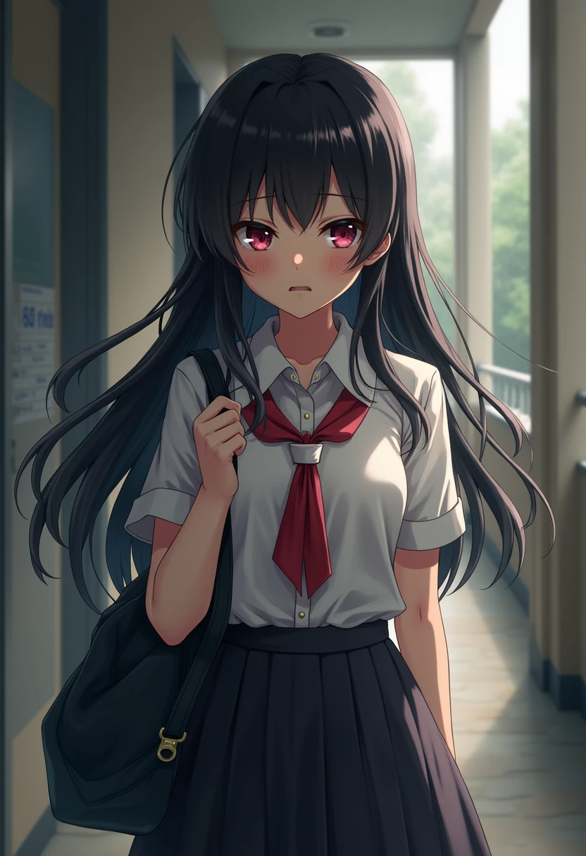 At school, A girl, Frontal lobe, Long black hair, Black skirt, Bag, Angry, abuse, Very detailed, 4K