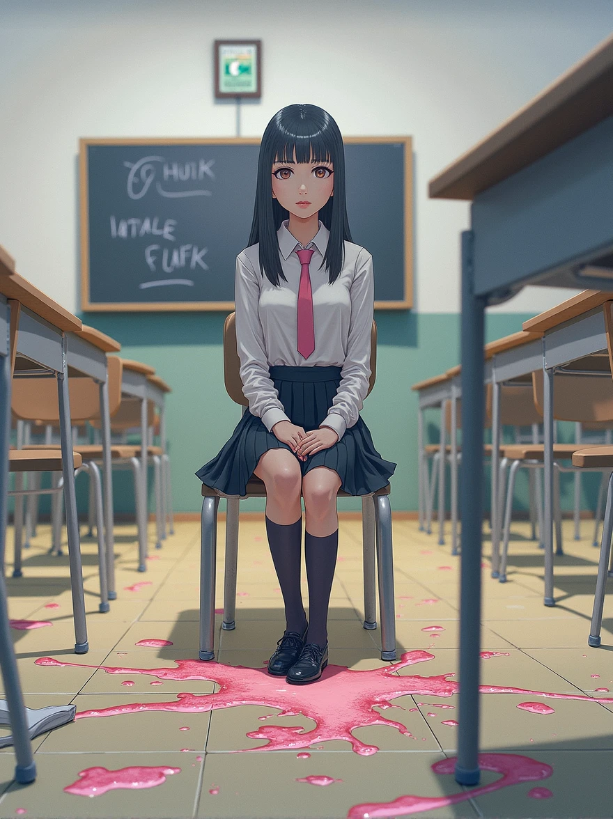 Kyoko DG, 1 Girl, tie, Solitary, jacket, shirt, Looking at the audience, Long sleeve, white shirt, collared shirt, Sit in a chair, classroom, Pink blood,