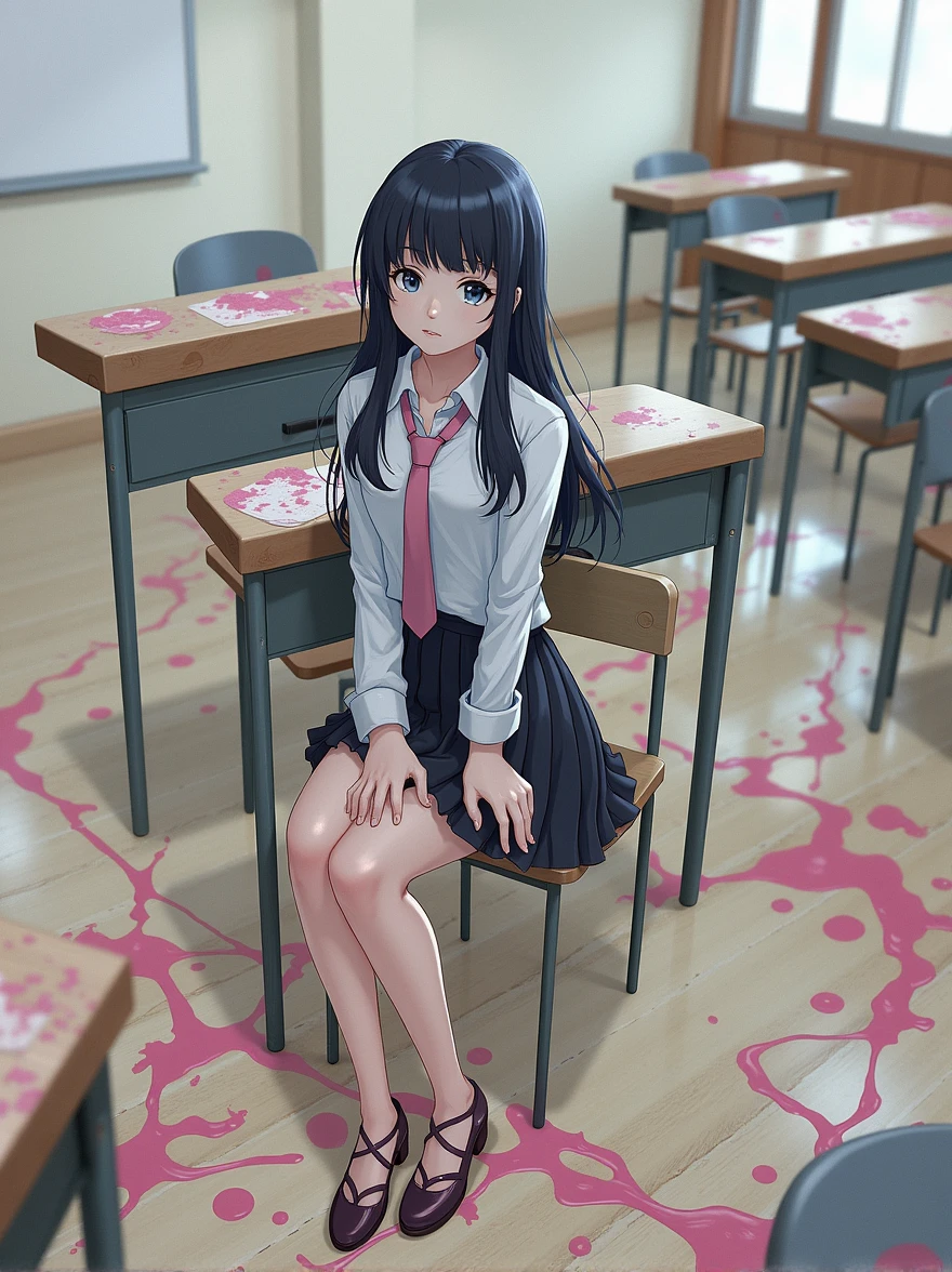 Kyoko DG, 1 Girl, tie, Solitary, jacket, shirt, Looking at the audience, Long sleeve, white shirt, collared shirt, Sit in a chair, classroom, Pink blood,