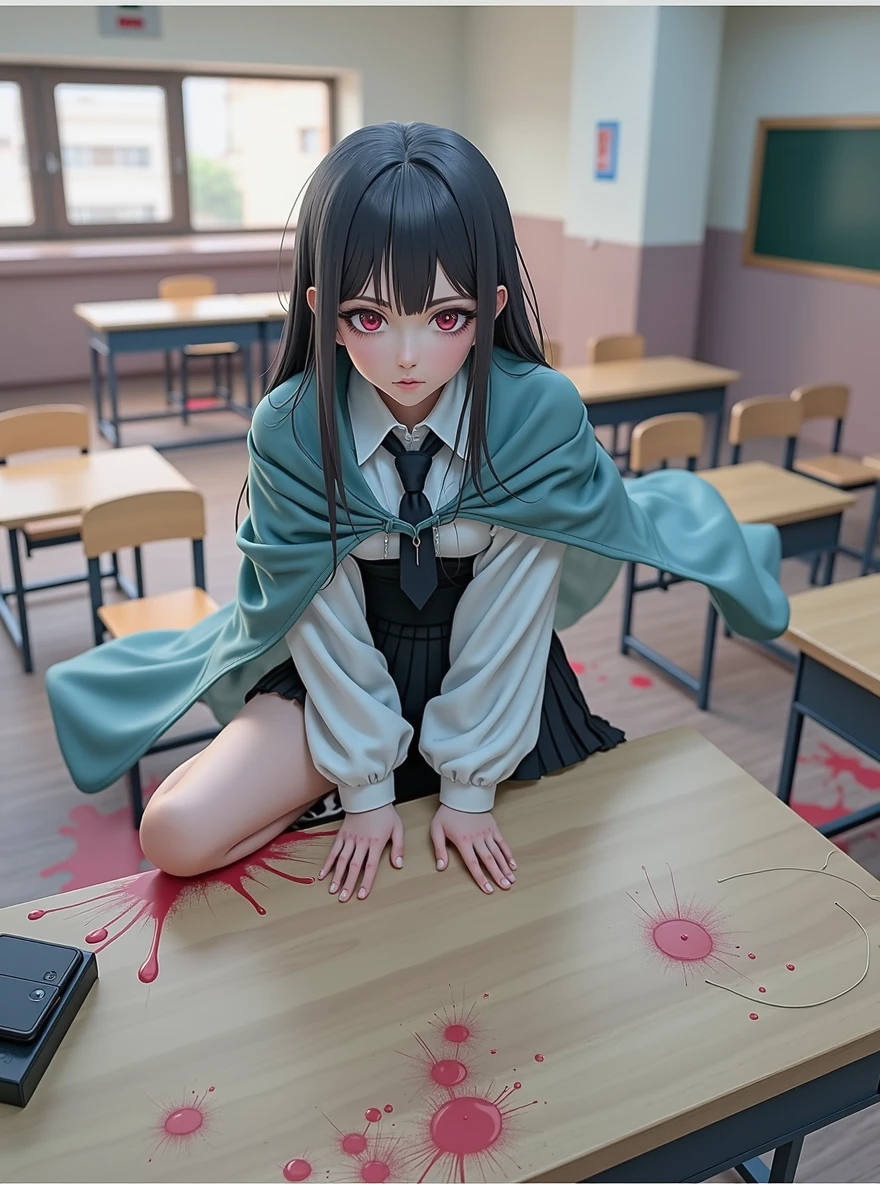 Kyoko DG, 1 Girl, tie, Solitary, jacket, shirt, Looking at the audience, Long sleeve, white shirt, collared shirt, Sit in a chair, classroom, Pink blood,