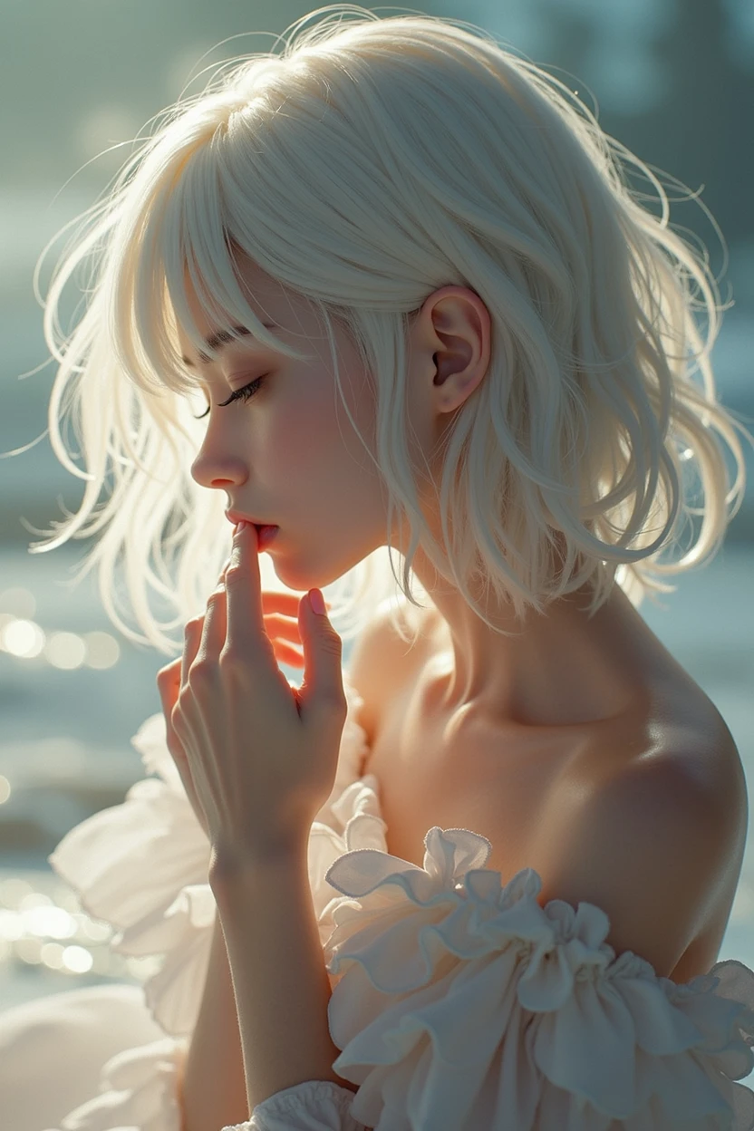 , masterpiece, Ultra-high resolution, (Reality: 1.4), RAW photos, 1 Girl, Off-shoulder, light, Kissing Position, Heterochromia, White hair, White hair