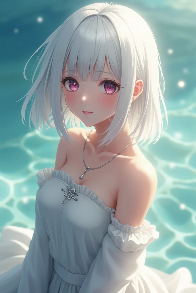 , masterpiece, Ultra-high resolution, (Reality: 1.4), RAW photos, 1 Girl, Off-shoulder, light,Heterochromia, White hair, White hair