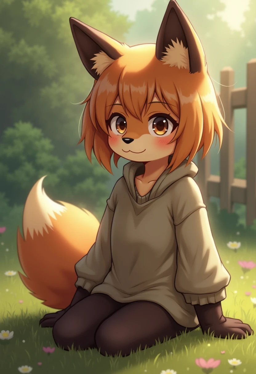 fox, (Monster Girl), Long brown ears,Dark brown inside, Brown fur, Tan neck fuzz, Brown fluffy tail,Brown tip, Big brown eyes, Wearing plain clothes, Sitting in the garden, masterpiece,