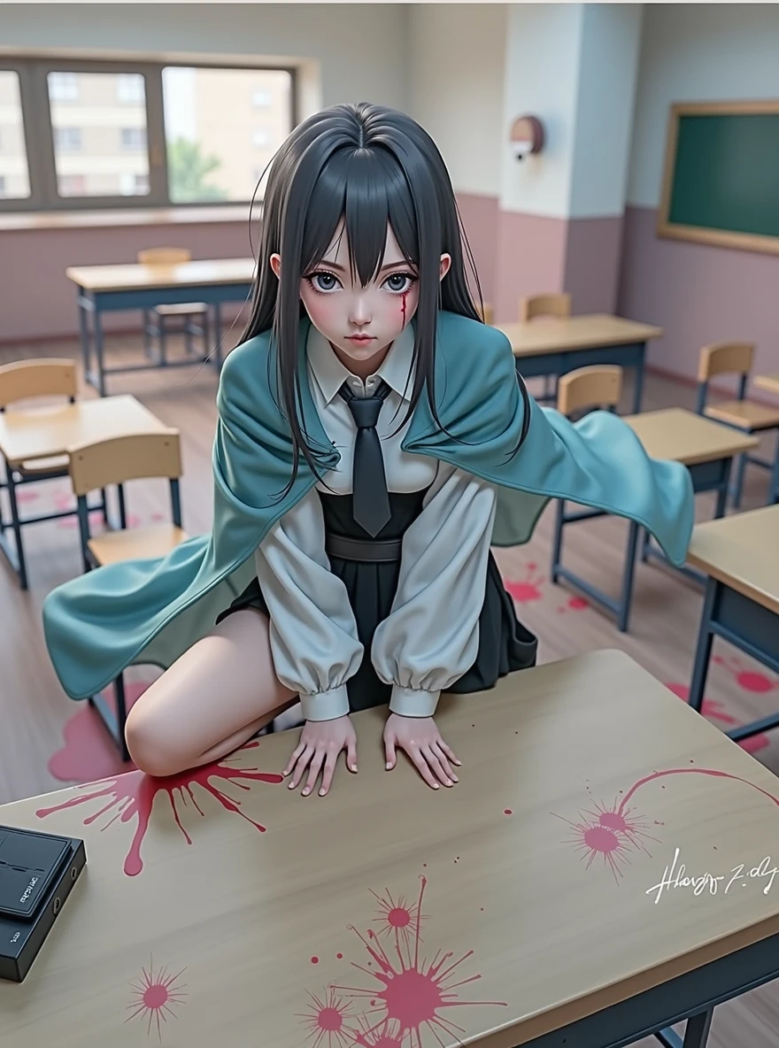 Kyoko DG, 1 Girl, tie, Solitary, jacket, shirt, Looking at the audience, Long sleeve, white shirt, collared shirt, Sit in a chair, classroom, Pink blood,