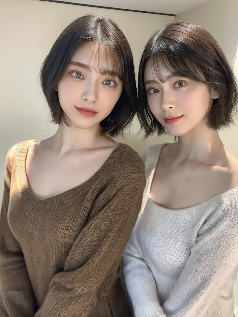 (masterpiece:1.3), (8k, Photoreal, Raw photo, best image quality: 1.4), Japanese high school girl、(random hairstyle:1.2)、cleavage:1.5、super detail face、eye for details、double eyelid、chest to chest、sharp focus:1.2、Beautiful woman:1.4、light brown hair、highest quality、masterpiece、超A high resolution、(Photoreal:1.4)、Highly detailed and professionally lit smiles、loose and light knitwear、shoulder out、thin、serious expression、short haired、deadly position
similar identical twins
All the girls have the exact same face, The two have the same face and figure, as if they were mirror images.