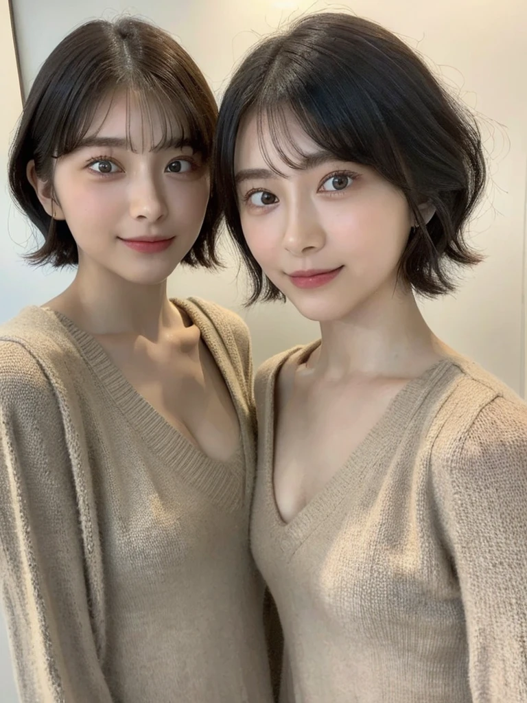 (masterpiece:1.3), (8k, Photoreal, Raw photo, best image quality: 1.4), Japanese high school girl、(random hairstyle:1.2)、cleavage:1.5、super detail face、eye for details、double eyelid、chest to chest、sharp focus:1.2、Beautiful woman:1.4、light brown hair、highest quality、masterpiece、超A high resolution、(Photoreal:1.4)、Highly detailed and professionally lit smiles、loose and light knitwear、shoulder out、thin、serious expression、short haired、deadly position
similar identical twins
All the girls have the exact same face, The two have the same face and figure, as if they were mirror images.