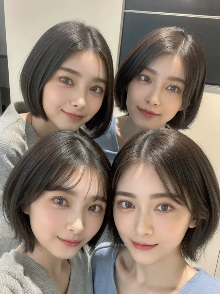 (masterpiece:1.3), (8k, Photoreal, Raw photo, best image quality: 1.4), Japanese high school girl、(random hairstyle:1.2)、cleavage:1.5、super detail face、eye for details、double eyelid、chest to chest、sharp focus:1.2、Beautiful woman:1.4、light brown hair、highest quality、masterpiece、超A high resolution、(Photoreal:1.4)、Highly detailed and professionally lit smiles、loose and light knitwear、shoulder out、thin、serious expression、short haired、deadly position
similar identical twins
All the girls have the exact same face, The two have the same face and figure, as if they were mirror images.