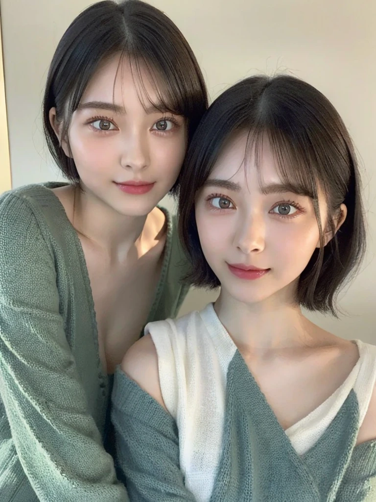 (masterpiece:1.3), (8k, Photoreal, Raw photo, best image quality: 1.4), Japanese high school girl、(random hairstyle:1.2)、cleavage:1.5、super detail face、eye for details、double eyelid、chest to chest、sharp focus:1.2、Beautiful woman:1.4、light brown hair、highest quality、masterpiece、超A high resolution、(Photoreal:1.4)、Highly detailed and professionally lit smiles、loose and light knitwear、shoulder out、thin、serious expression、short haired、deadly position
similar identical twins
All the girls have the exact same face, The two have the same face and figure, as if they were mirror images.