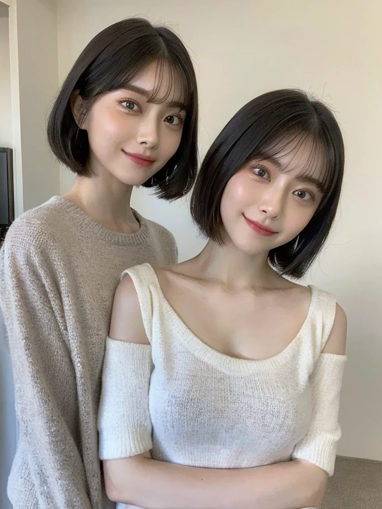 (masterpiece:1.3), (8k, Photoreal, Raw photo, best image quality: 1.4), Japanese high school girl、(random hairstyle:1.2)、cleavage:1.5、super detail face、eye for details、double eyelid、chest to chest、sharp focus:1.2、Beautiful woman:1.4、light brown hair、highest quality、masterpiece、超A high resolution、(Photoreal:1.4)、Highly detailed and professionally lit smiles、loose and light knitwear、shoulder out、thin、serious expression、short haired、deadly position
similar identical twins
All the girls have the exact same face, The two have the same face and figure, as if they were mirror images.