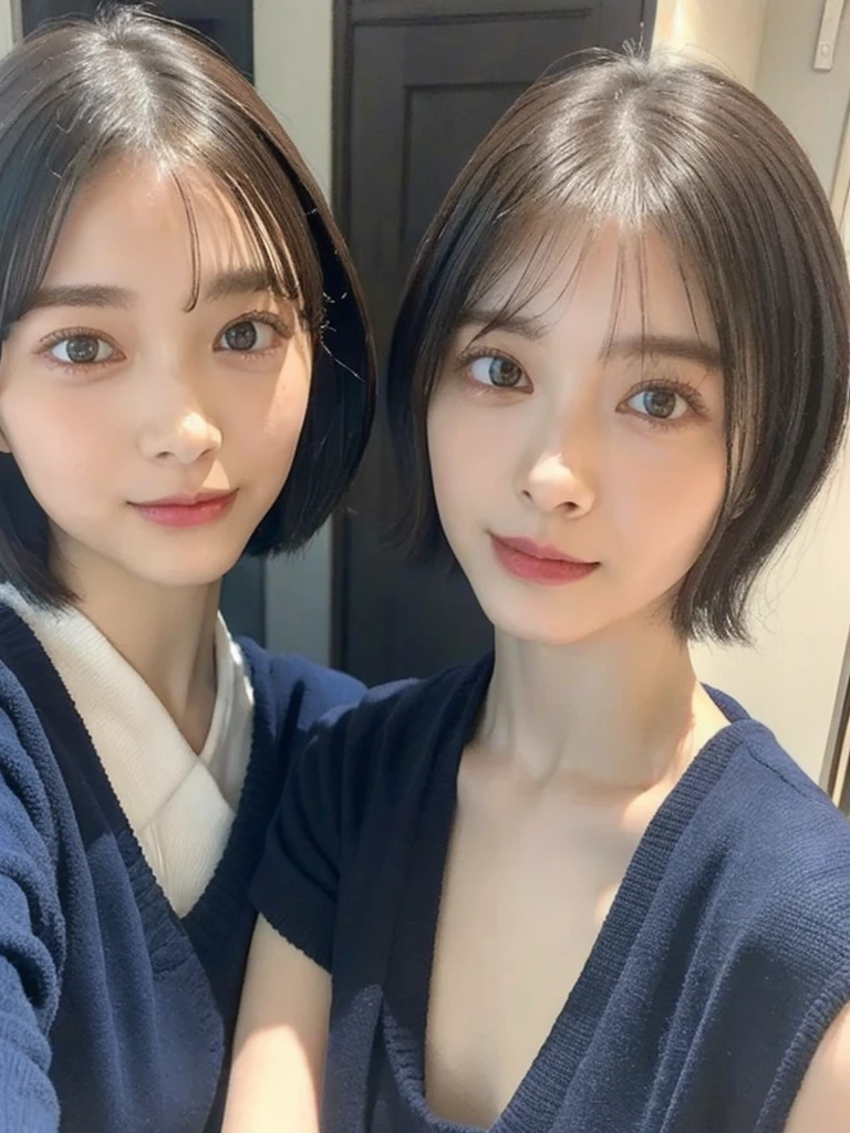 (masterpiece:1.3), (8k, Photoreal, Raw photo, best image quality: 1.4), Japanese high school girl、(random hairstyle:1.2)、cleavage:1.5、super detail face、eye for details、double eyelid、chest to chest、sharp focus:1.2、Beautiful woman:1.4、light brown hair、highest quality、masterpiece、超A high resolution、(Photoreal:1.4)、Highly detailed and professionally lit smiles、loose and light knitwear、shoulder out、thin、serious expression、short haired、deadly position
similar identical twins
All the girls have the exact same face, The two have the same face and figure, as if they were mirror images.