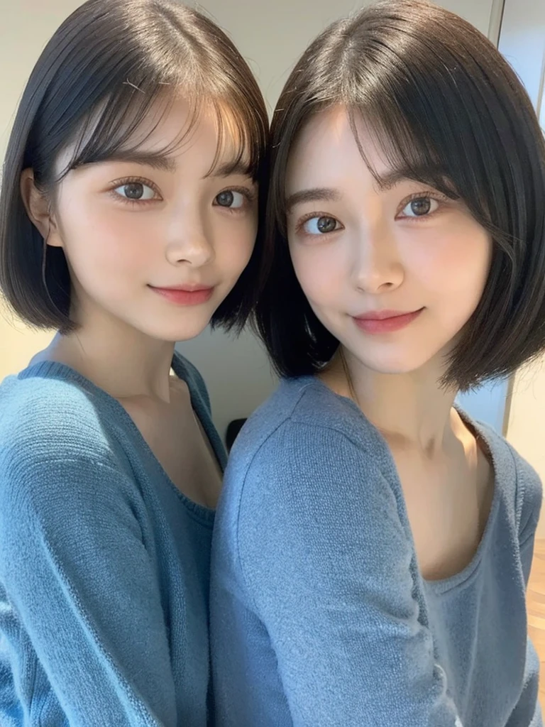 (masterpiece:1.3), (8k, Photoreal, Raw photo, best image quality: 1.4), Japanese high school girl、(random hairstyle:1.2)、cleavage:1.5、super detail face、eye for details、double eyelid、chest to chest、sharp focus:1.2、Beautiful woman:1.4、light brown hair、highest quality、masterpiece、超A high resolution、(Photoreal:1.4)、Highly detailed and professionally lit smiles、loose and light knitwear、shoulder out、thin、serious expression、short haired、deadly position
similar identical twins
All the girls have the exact same face, The two have the same face and figure, as if they were mirror images.