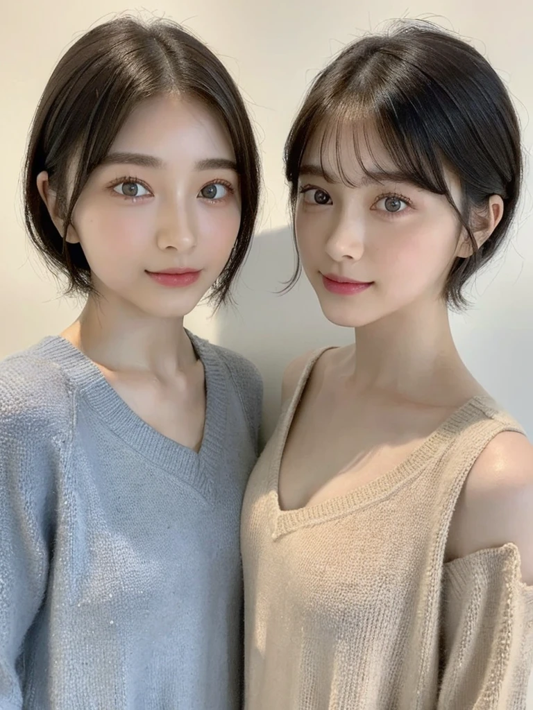 (masterpiece:1.3), (8k, Photoreal, Raw photo, best image quality: 1.4), Japanese high school girl、(random hairstyle:1.2)、cleavage:1.5、super detail face、eye for details、double eyelid、chest to chest、sharp focus:1.2、Beautiful woman:1.4、light brown hair、highest quality、masterpiece、超A high resolution、(Photoreal:1.4)、Highly detailed and professionally lit smiles、loose and light knitwear、shoulder out、thin、serious expression、short haired、deadly position
similar identical twins
All the girls have the exact same face, The two have the same face and figure, as if they were mirror images.