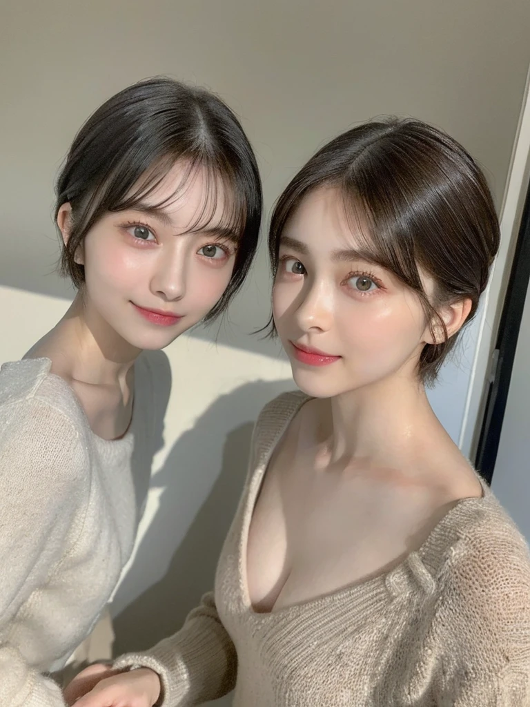 (masterpiece:1.3), (8k, Photoreal, Raw photo, best image quality: 1.4), Japanese high school girl、(random hairstyle:1.2)、cleavage:1.5、super detail face、eye for details、double eyelid、chest to chest、sharp focus:1.2、Beautiful woman:1.4、light brown hair、highest quality、masterpiece、超A high resolution、(Photoreal:1.4)、Highly detailed and professionally lit smiles、loose and light knitwear、shoulder out、thin、serious expression、short haired、deadly position
similar identical twins
All the girls have the exact same face, The two have the same face and figure, as if they were mirror images.
