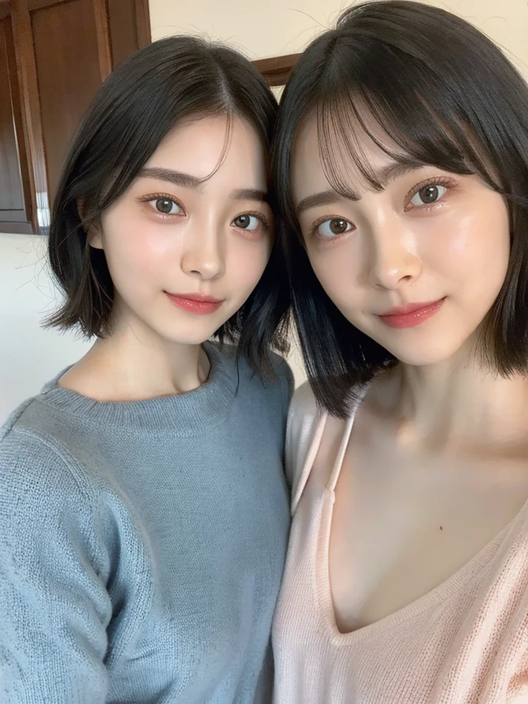 (masterpiece:1.3), (8k, Photoreal, Raw photo, best image quality: 1.4), Japanese high school girl、(random hairstyle:1.2)、cleavage:1.5、super detail face、eye for details、double eyelid、chest to chest、sharp focus:1.2、Beautiful woman:1.4、light brown hair、highest quality、masterpiece、超A high resolution、(Photoreal:1.4)、Highly detailed and professionally lit smiles、loose and light knitwear、shoulder out、thin、serious expression、short haired、deadly position
similar identical twins
All the girls have the exact same face, The two have the same face and figure, as if they were mirror images.
