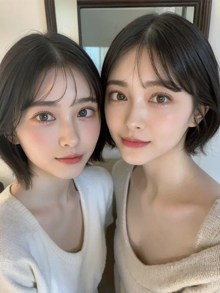 (masterpiece:1.3), (8k, Photoreal, Raw photo, best image quality: 1.4), Japanese high school girl、(random hairstyle:1.2)、cleavage:1.5、super detail face、eye for details、double eyelid、chest to chest、sharp focus:1.2、Beautiful woman:1.4、light brown hair、highest quality、masterpiece、超A high resolution、(Photoreal:1.4)、Highly detailed and professionally lit smiles、loose and light knitwear、shoulder out、thin、serious expression、short haired、deadly position
similar identical twins
All the girls have the exact same face, The two have the same face and figure, as if they were mirror images.